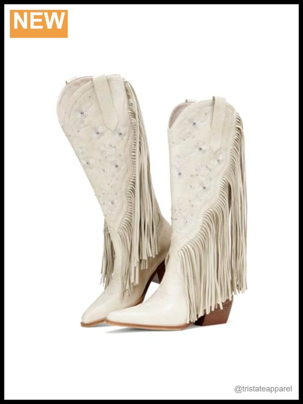 Fringe Cowboy Boots Knee High Western Embroidery Rhinestones Pointed Toe Chunky